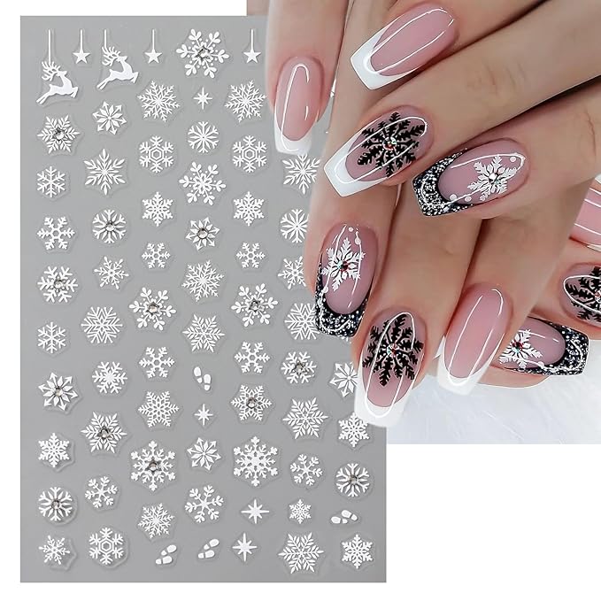 Rhinestone Studded Snowflake Nail Stickers, Christmas Self-Adhesive Crystal Diamond 3D Glitter Nail Art Design for DIY Manicure Winter Xmas DIY Nail Decals Decorations f (4 Sheets)
