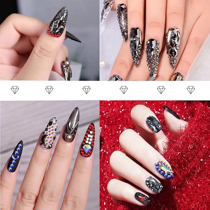 HOINCO Black Rhinestones for Nails - 3100 Pcs Mix Flatback Rhinestone/Gems - 600 Diamonds + 2500 Round Beads for Nail Crafts with Tweezers Pen