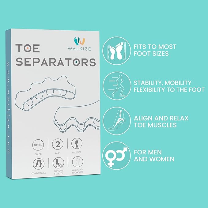 Walkize Toe Separators for Women & Men - Silicone Toe Spacers for Bunion Relief, Foot Pain Relief, Pedicure & Overlapping Toes (Beige)