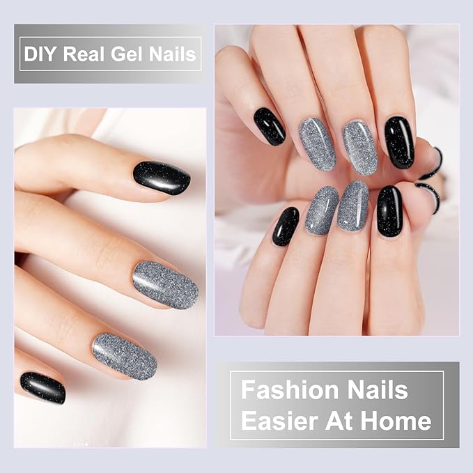 Semi Cured Gel Nail Strips,28 PCS Nail Art Stickers (Shiny Black Silver),Gel Stickers for Nails UV Light, Includes Prep Pads, Nail File & Wood Stick