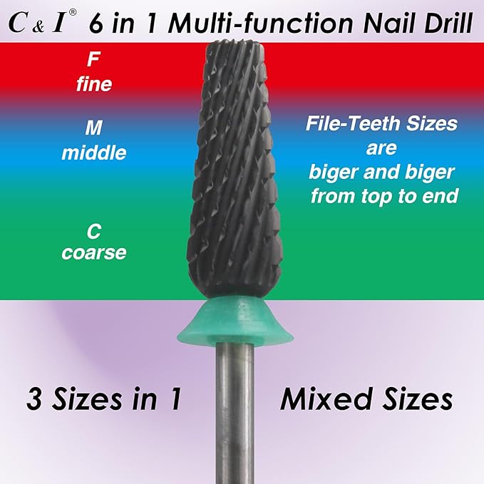 C & I Nail Drill Bit 6 in 1 Multi-function Rounded End E-file, Diamond Coat, CNC Overall Cut Nail Tools for Nail Techs Quick Remove Acrylic Nail Gels & Nail Art (Special Coat, Coarse -C)