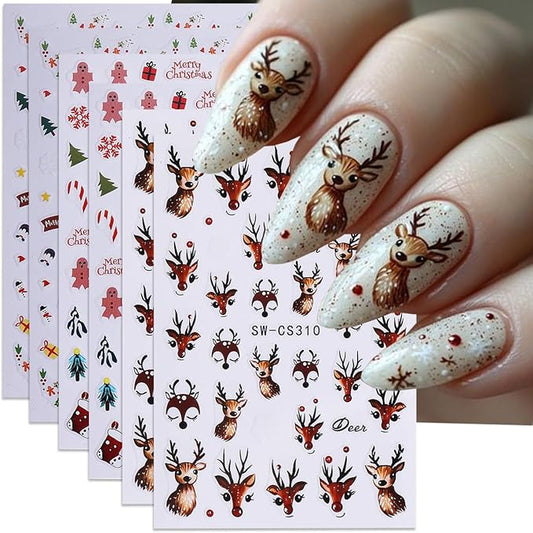 Christmas Nail Art Stickers 3D Self-Adhesive Cute Elk Gift Xmas Nail Decals Nail Art Supplies 6PCS Deer Candy Cane Gingerbread Man Cartoon Christmas Nails Design Manicure Slider Accessories for Women