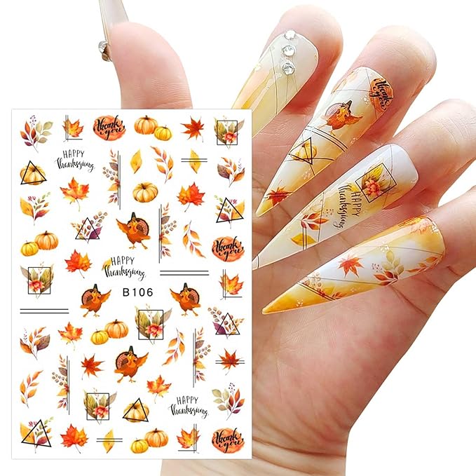 12 Sheets Fall Thanksgiving Maple Leaf Nail Art Stickers Decals Self Adhesive Pegatinas Uñas Autumn Pumpkin Leaves Design Manicure Tips Nail Decoration for Women Girls