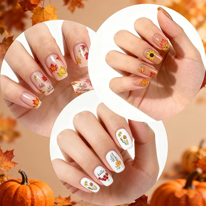 Allstarry Fall Nail Stickers, 6 Sheets Thanksgiving Nail Stickers Fall Nail Decals 3D Maple Leaves Autumn Floral Pumpkin Nail Decal Self-Adhesive for Autumn Nails Art