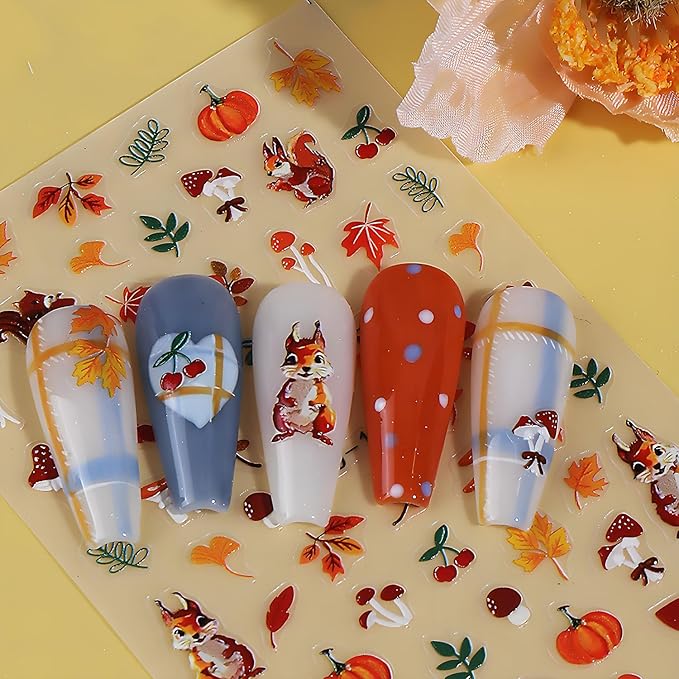 Fall Nail Art Stickers, Cute Fox Nail Art Decals 3D Self-Adhesive Leaves Pumpkin Nails Stickers Fall Flowers Nail Design 3Pcs Nail Art Supplies for Women Fall Nail Decoration