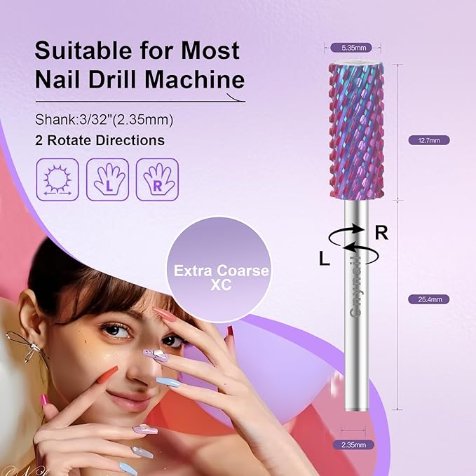 3/32" Small 5.35MM Barrel Bit Tungsten Carbide Nail Drill Bit Safety Bit for Gel & Acrylic Removal, 2- Way Rotating Efile Tip, Salon Electric File Accessory (XC Girt, Purple)