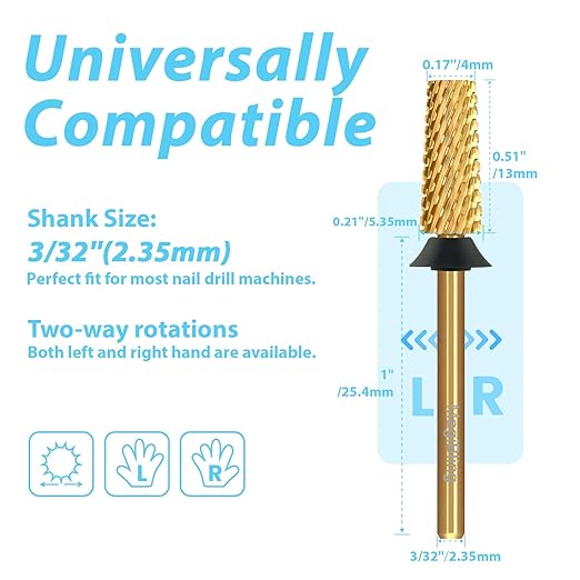 Tungsten Carbide Cross Cut Small Tapered Barrel Nail Drill Bits, Professional 3/32'' Safety Bits, Both Hands Use, Remove Gel Fast, Manicure Pedicure Cuticle Gel Polishing, Extra Coarse.