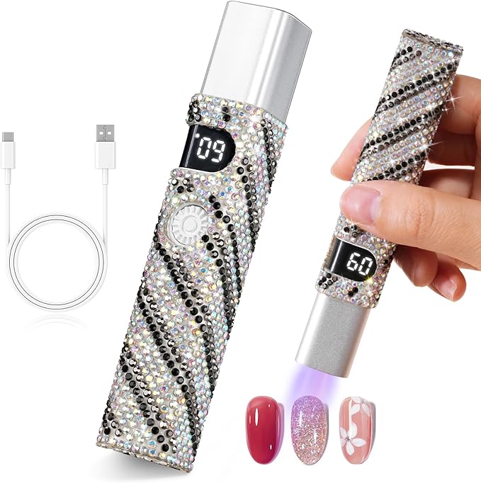 Handheld UV Light for Gel Nails,Mini LED Cordless Nail Lamp for Gel Nail Polish,Portable Flash Cure Lamp,Rechargeable USB Nail Dryer with LCD Display Fast Curing (Zebra Diamond)