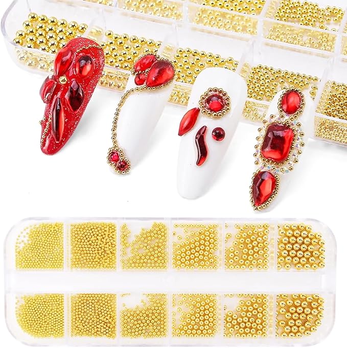 0.8mm Gold Nail Charms Caviar Beads for Nails 6 Sizes Mini Small Stainless Steel Beads Nails Art Decorations Gun Grey DIY Tool Nail Studs Accessories Gold Charms for Nails (Light Gold)