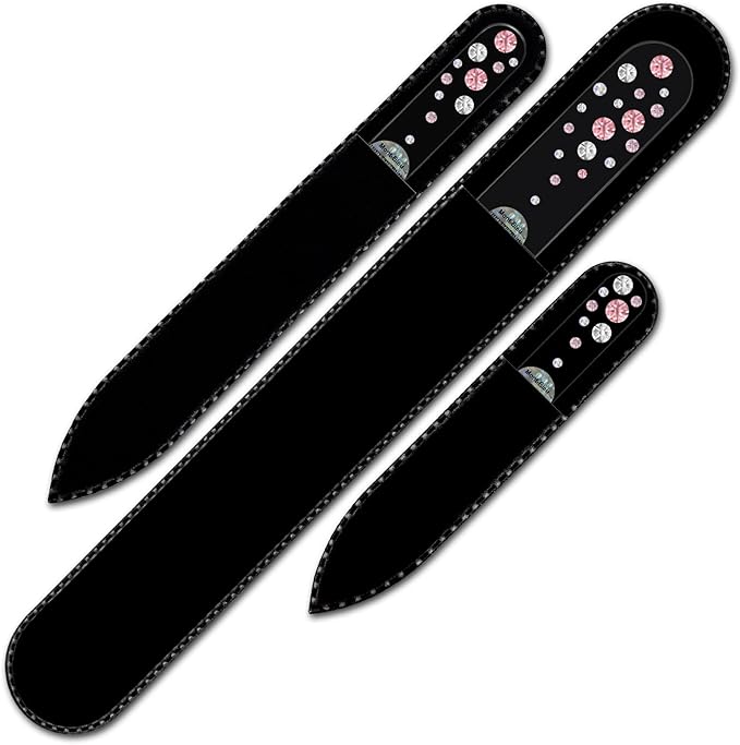 Mont Bleu Set of 3 Glass Nail Files Hand Decorated with Crystals - Hand Made, Czech Tempered Glass