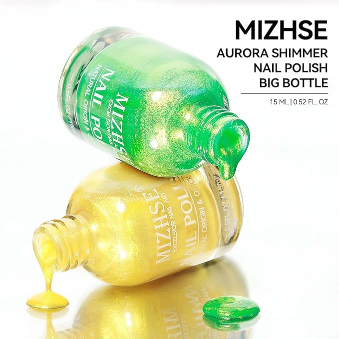 MIZHSE Quick Dry Nail Polish, Aurora Green Nail Polish Air Dry Fast, 15ml/0.5 fl oz Regular Shiny Glossy Oil-based Shimmery Nail Lacquer Non-Gel Nail Art Salon Manicure Home DIY