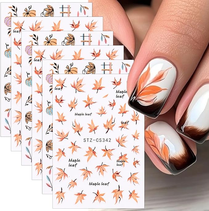 6 Sheets Fall Nail Stickers for Nail Art Cute Pumpkin Nail Decals Autumn Maple Leaf Nail Art Stickers 3D Self-Adhesive Glitter Thanksgiving Day Pumpkin Nail Decoration for Women Nails Design Supplies