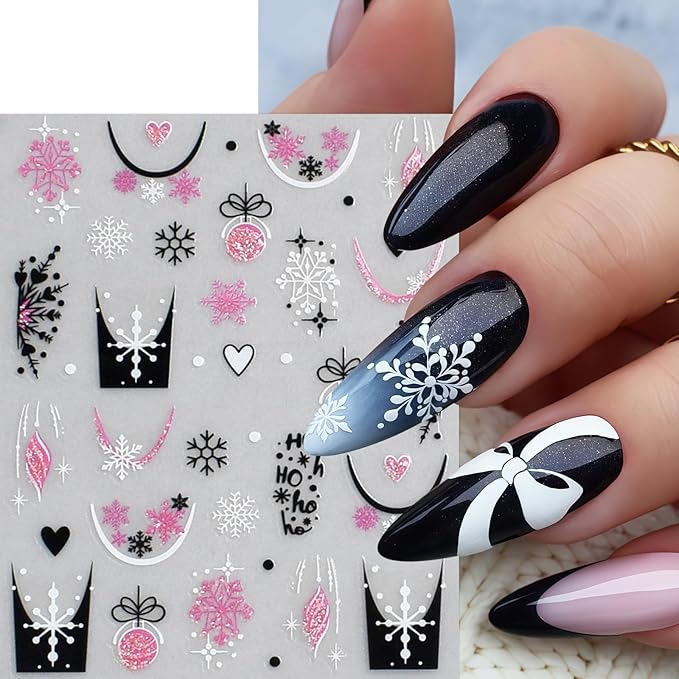 6 Sheets Christmas Nail Art Stickers Snowflake Christmas Tree Nail Decals with Pink Glitter Snowflake Xmas Tree Snowball Elk Snowmen Nail Design Black French Tips Nail Supplies Nail Decor for Women