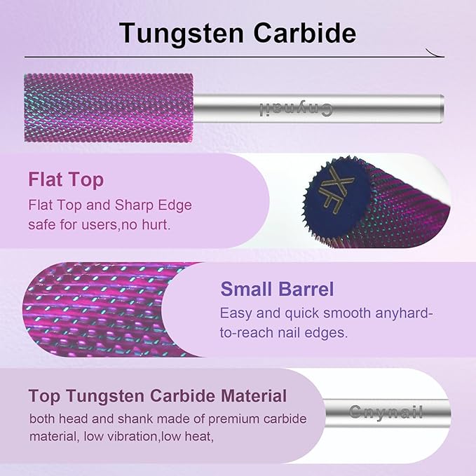 3/32" Small 5.35MM Barrel Bit Tungsten Carbide Nail Drill Bit Safety Bit for Gel & Acrylic Removal, 2- Way Rotating Efile Tip, Salon Electric File Accessory (XF Girt, Purple)
