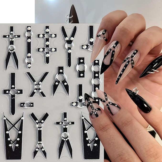 2 Sheets Black Punk Belt Nail Stickers Decals Y2K Relief Punk Nail Art Stickers 5D Embossed Leather Belt Nail Decals Black Silver Goth Belts Pink Bow Nails Design Nail Supplies for Women Manicure