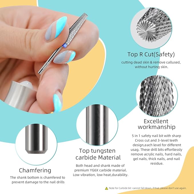 Super Long 5 in 1 Nail Drill Bits, 24mm Carbide Tapered Cone Nail Bit, 3/32" Two-way Rotate Drill Btis for Nails, Electric Drill File Machine, Manicure Removal Cuticle Soft Gel,M