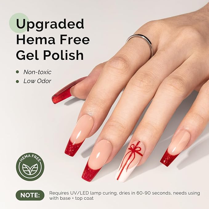 MelodySusie Hema Free Gel Nail Polish, 0.5 Fl Oz Thick Red Shimmer Gel Polish, Non-Toxic, Long Lasting, Soak Off UV Nail Polish, Manicure Nail Design Salon DIY Nail Art at Home B3802
