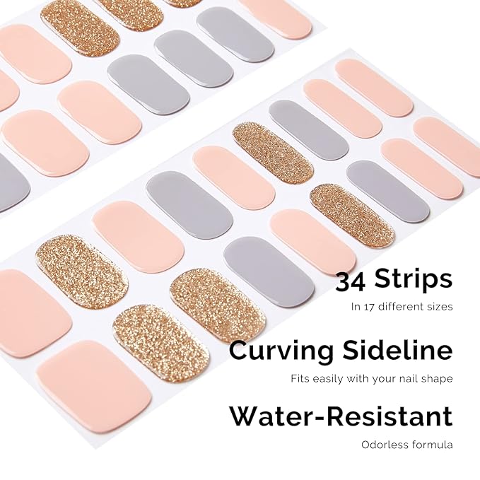 NAILOG Semi Cured Gel Nail Strips 34 pcs, Buy 2 Get 1 UV Lamp, Salon-Quality Gel Nail Stickers, Semicured Nail Wraps with Soft Gel Finish | Summer Soiree