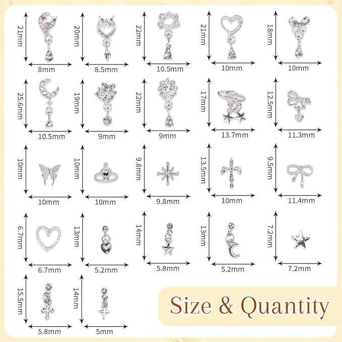 100Pcs Dangle Silver Nail Charms and Gems, Cross Star Heart Crown Planet Bows Butterfly Nail Gems Charms Silver Nails Art Supplies for Women DIY Accessories