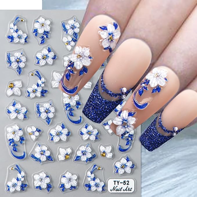 5D Flower Nail Art Stickers Blue Glitter Shiny Flowers Nail Decals 1 Sheets Embossed Floral Nail Stickers Self-Adhesive Blue Flower Nail Supplies for Women Girls Manicure Nail Decoration Accessories
