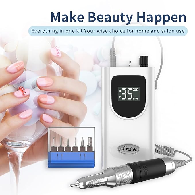 35000RPM Professional Nail Drill Machine, Kredioo Pro Electric Drill for Acrylic Nails Rechargeable Portable with 6 Bits, Sanding Bands, Cordless Efile for Gels Manicure Salon-White