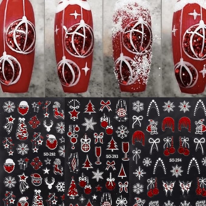 6Pcs Christmas Nail Stickers 3D Red Golden Christmas Tree Nail Stickers for Nail Art DIY Self Adhesive Nail Decals Bow Snowflake Nail Decoration Supplies Holiday Manicure Accessories for Women Girls