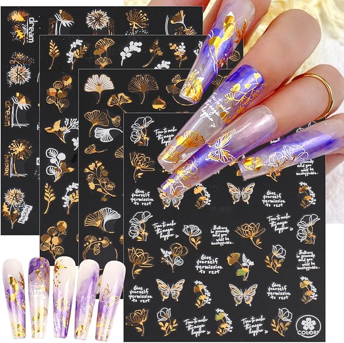 8 Sheets Bronzing Fall Nail Art Stickers Decals 3D Self-Adhesive Laser Gold White Leaves Flowers Nail Decals Autumn Maple Leaf Nails Design Stickers Thanksgiving Nail Art Supplies for Women