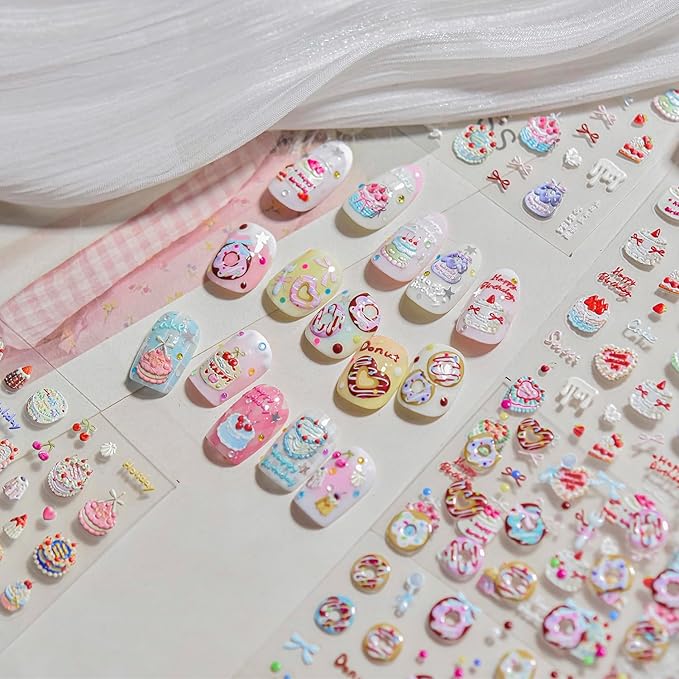 Christmas Nail Stickers 5D Birthday Cake Candle Nail Art Stickers Bow Fruit Nail Decals Self Adhesive Design 3D Cute Sticker Holiday Nail Art Decoration for Girls Women Manicure Accessories