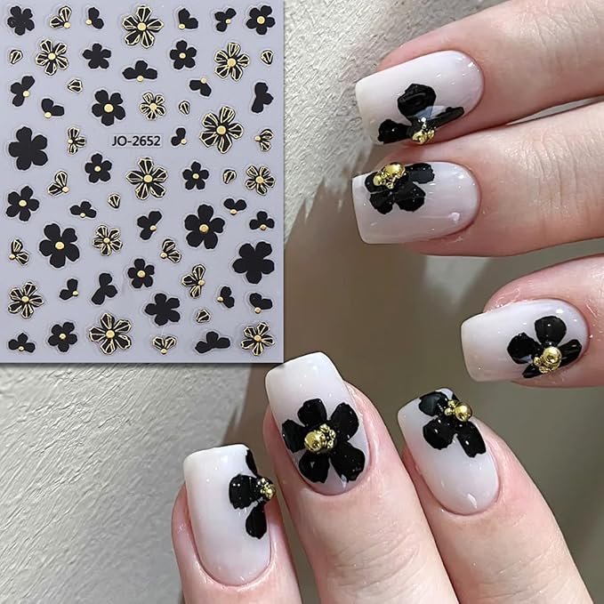 6Sheets Camellia Petals Nail Art Stickers 3D Metallic Flowers Nail Decals Engraved Flower Nail Sticker Black Gold Silver Designs Self-Adhesive Floral Nail Supplies for Women French Manicure Decoration