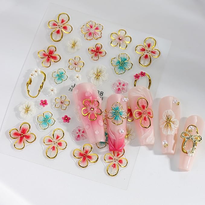 Flower Nail Art Stickers, 4PCS 5D Embossed Sticker for Nail Art, Spring Floral Nails Design 5D Relief Decals Hibiscus Flowers Nail Adhesive Sticker Slider Charm Decor DIY Manicure Accessories Supplies