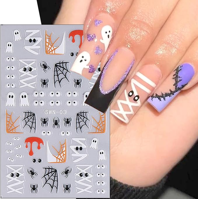 4Pcs Halloween Nail Stickers Cute Flower Ghost Nail Decals 3D Goth Spider Nail Art Stickers Mummy Bandage Pumpkin Skeleton Nail Design Sticker French Cat Halloween Nails Supplies Decoration for Women