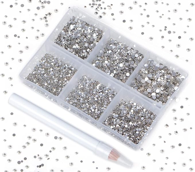 Bymitel 7200 Pieces 6 Mixed Sizes Glue Fix on Glass Rhinestones Round Crystal Gems Flatback for DIY Jewelry Making with one Picking Pen(6-Sizes 7200PCS, Clear Crystal)