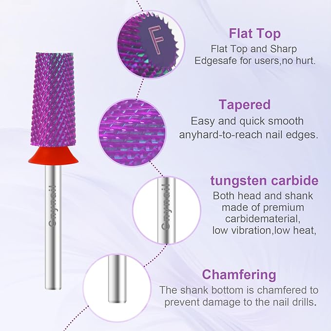 Cnynail 3/32" Large Tapered Barrel Flat Bit Tungsten Carbide Nail Drill Bit Safety Bit for Gel & Acrylic Removal, 2- Way Rotating Efile Tip, Salon Electric File Accessory (F Girt, Purple)