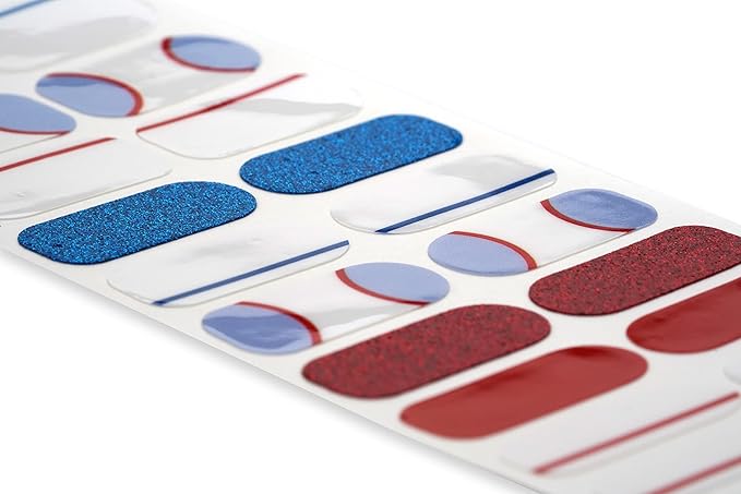 | Nail Polish Strips | 20 Stylish Strips | Brighter, Thicker, Tougher | Includes Cuticle Stick, Nail File, & Nail Wipes (Hockey Blue & Red Glitter)