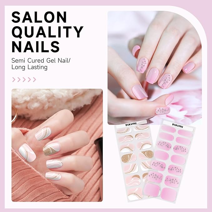 Semi Cured Gel Nail Strips 2 Set, (French,Gradient Pink) 56 Pcs Gel Nail Stickers Wraps, Works with Any UV Lamps,Long Lasting DIY Nail Art Gift for Women,Salon-Quality, Easy to Apply