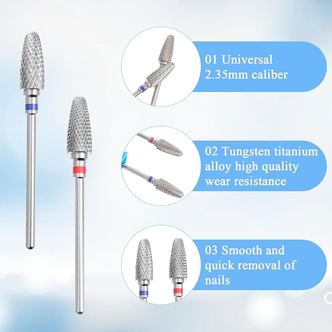 3/32" 5 In 1 Nail Drill Bits, 2 Pack Tungsten Safety Drill Bits Tech Nail Art Tools, Manicure Pedicure Shapen Remove Tools for Manicurist Nails Salon Gel Polishing(Round Head)