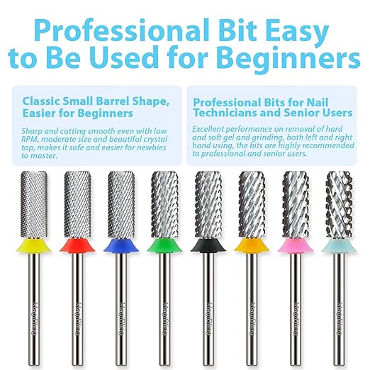 Professional Small Barrel Nail Drill Bits Flat Top, 3/32'' Safety Tungsten Carbide Bits, Two-Way Rotation, Soft and Hard Gel Removal Polishing, Tech and Beginner Bits, Extra Coarse.