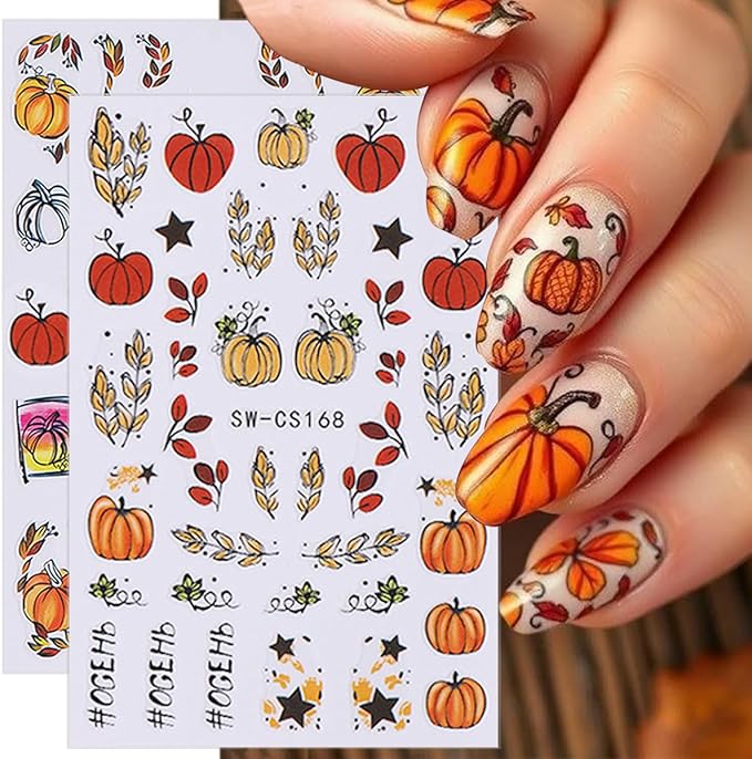 8 Sheets Fall Nail Art Stickers 3D Self-Adhesive Autumn Nail Stickers Maple Leaf Pumpkin Designs Sticker Nail Art Supplies Thanksgiving Nail Decals for Women Girls Acrylic DIY Manicure Decorations