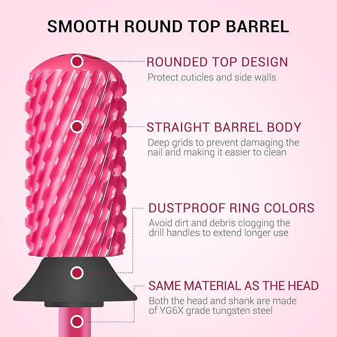 MelodySusie Safety Nail Drill Bits, 3/32'' Smooth Round Top Large Barrel Carbide Bits, Suitable for Manicure Pedicure Cuticle Gel Polishing, Beginners Bits, Pink Blossom, Series Bit-S, XC