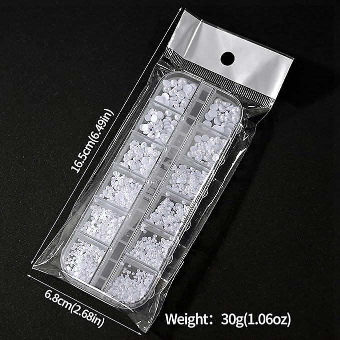 12Grids Pearls Nail Charms Nail Art Rhinestones for Acrylic Nails 3D Multi Sizes Half Round Pearl Nail Charms White Flat Back Design Nail Jewelry for Women DIY Nail Art Crafts Decoration Supplies