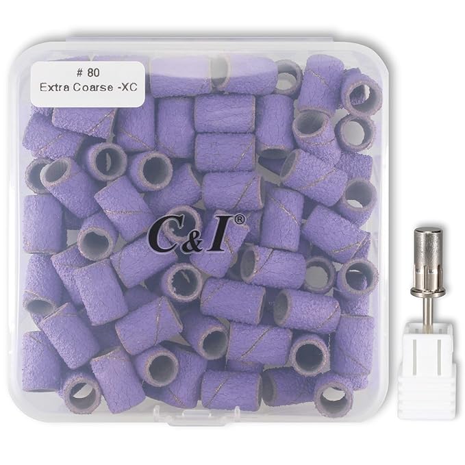 C & I Nail Sanding Bands 100 PCS Plus Upgrade Mandrel 1 PC, Nail Drill Bits for Acrylic Gel Nails Remove, Natural Nails Buffer for Nail Prep and Nail Shiner (Purple, #80 Extra Coarse)