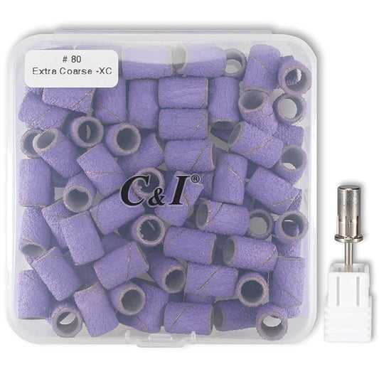 C & I Nail Sanding Bands 100 PCS Plus Upgrade Mandrel 1 PC, Nail Drill Bits for Acrylic Gel Nails Remove, Natural Nails Buffer for Nail Prep and Nail Shiner (Purple, #80 Extra Coarse)