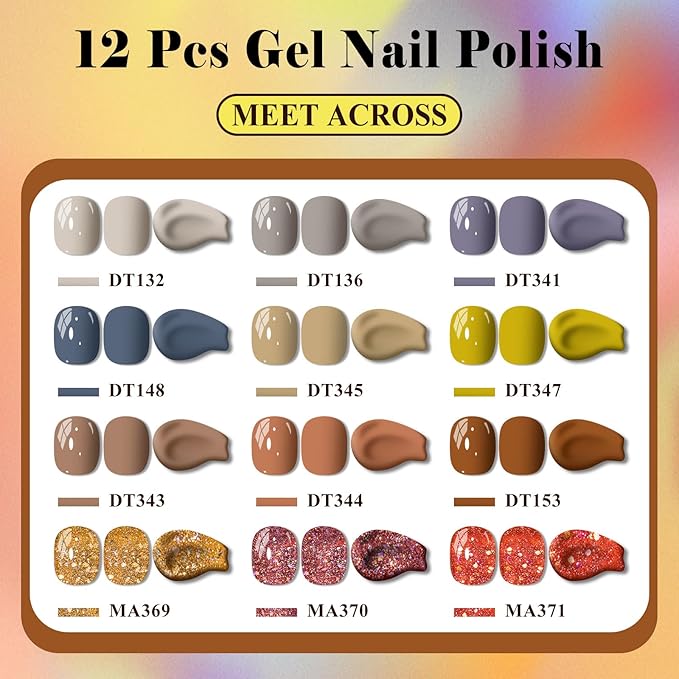 MEET ACROSS 12PCS Gel Nail Polish Set, 12 Colors Gel Nail Kit Art Design Soak Off UV LED,Nail Art Design Gifts for Women (Fall-2, 12PCS)