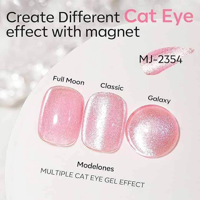 modelones Cat Eye Gel Nail Polish, Pink Glassy 9D Cateye with Magnet Shimmer Soak Off Reflective Translucent Gel Magnetic Top Coat Nail Polish for Women Girl 15 ML