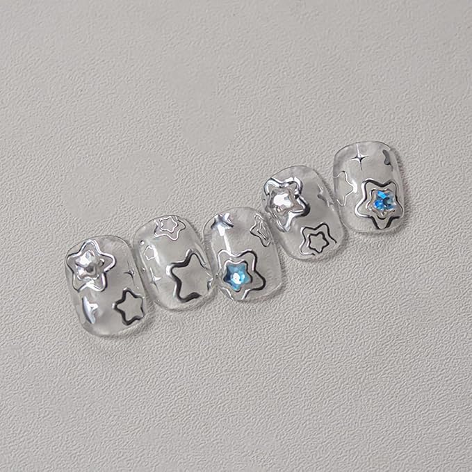 Star Nail Art Stickers Decals Shiny Silver Star 5D Embossed Nail Decals with Crystal, 1PCS Hollowed Stars Self-Adhesive Nails Design Manicure Sliders Y2K Nail Art Supplies for Women DIY Decorations
