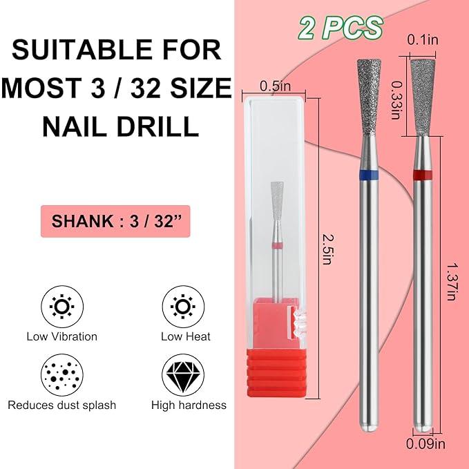 2Pcs Diamond Nail Drill Bits Carbide Conical Micro Cuticle Remover Bit Russian Electric File Bits for Under Nail Dead Skin Cleaning Cuticle Remove Nail Art Design Manicure and Pedicure