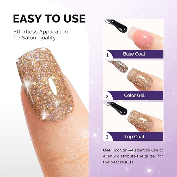 MelodySusie Galaliver Glitter Gel Nail Polish, 15ML Sparkly Shimmer Gel Polish Soak Off UV LED Cured Long Lasting Gift for Women DIY Nail Design Nail Art Manicure Golden Brown X07