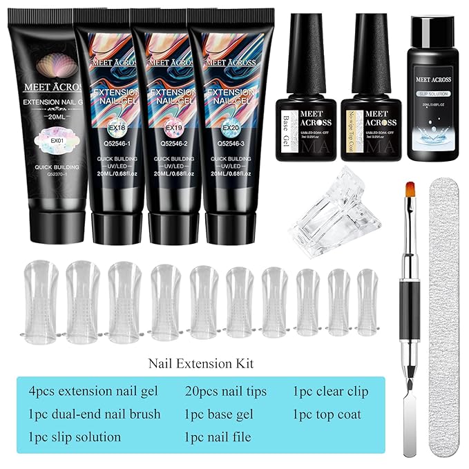 MEET ACROSS Poly Nail Gel 10Pcs Nail Extension Gel Set and Nail Extension Starter Kit for Beginners Nail Art DIY Home Gifts for Women (Candy Glitter, 12pcs)