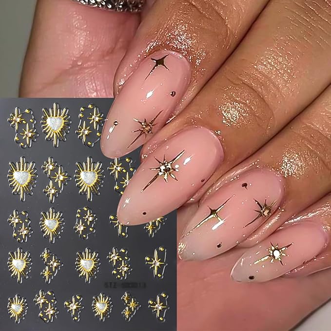 4Pcs Star Nail Decals Embossed Star Nail Art Stickers 5D Self-Adhesive Gold Bronzing Cross Starlight with Heart Rhinestones Nail Design Stickers Luxury Decals for Women Girls Manicure Decoration