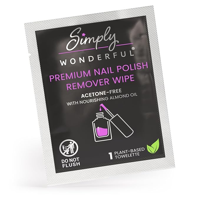 Simply Wonderful Nail Polish Remover Wipes, Acetone-Free, Enriched with Nourishing Almond Oil, Plant-Based Nail Polish Remover Pads, Lint-Free, 20 Individually Wrapped Nail Polish Wipes